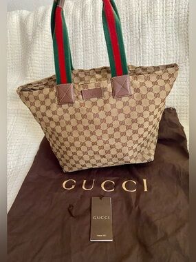 Gucci GG canvas tote bag with signature green and red web stripe handles